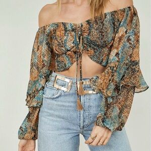 12th Tribe Brown & Teal Off-Shoulder Smocked Crop Top